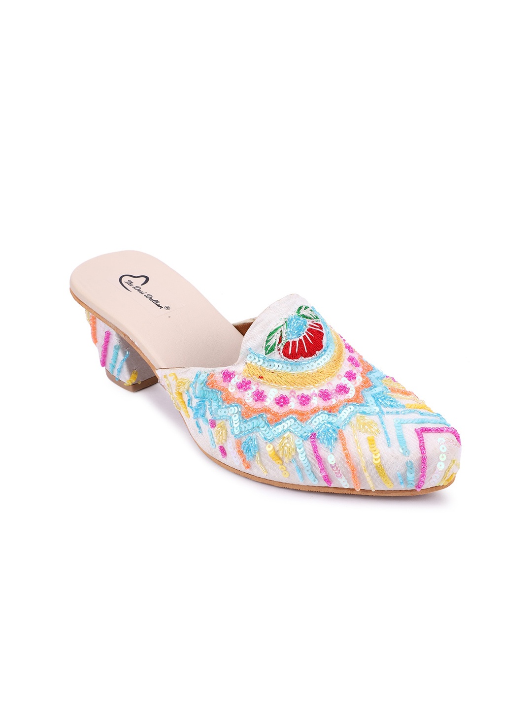 

The Desi Dulhan Ethnic Embellished Pointed Toe Block Mules, White
