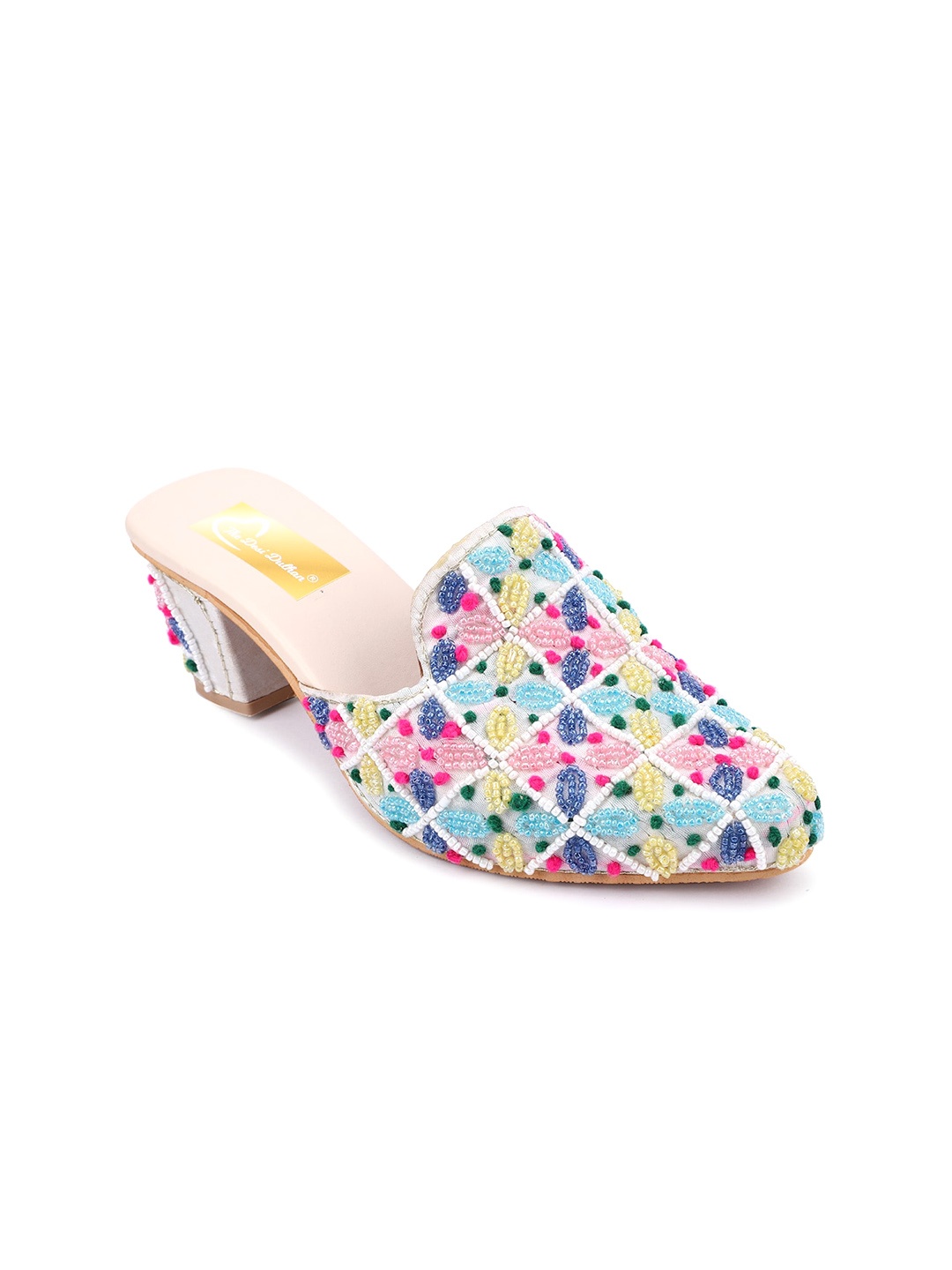

The Desi Dulhan Ethnic Embellished Pointed Toe Block Mules, White
