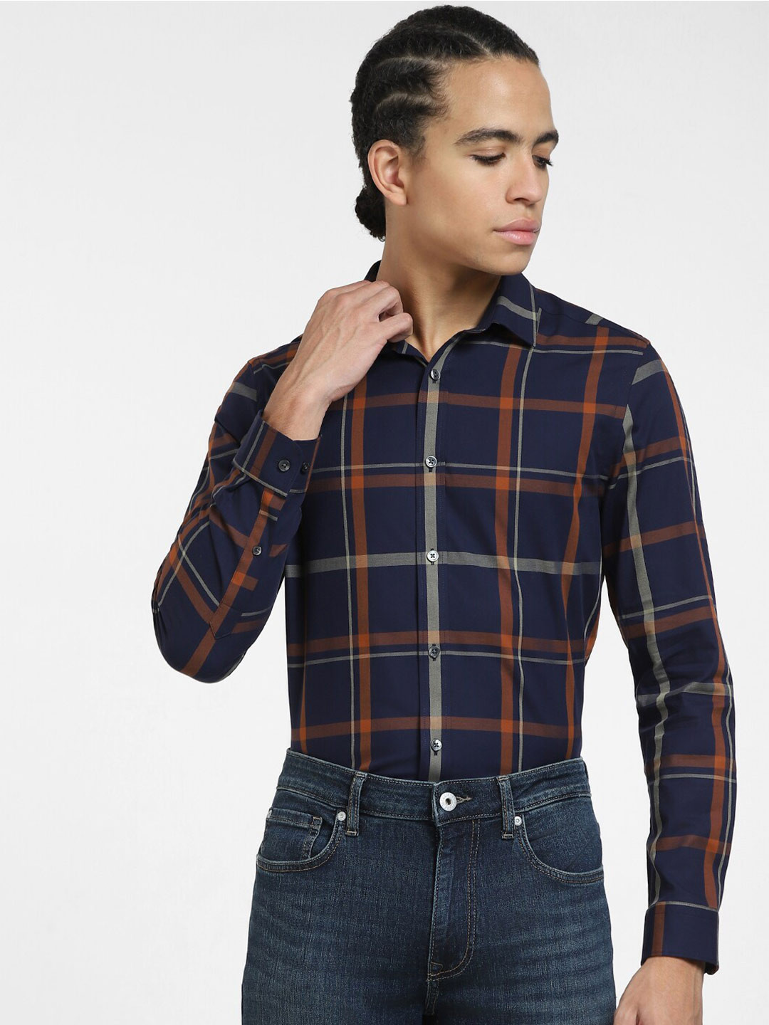 

Jack & Jones Spread Collar Slim Fit Tartan Checked Cotton Casual Shirt, Navy blue