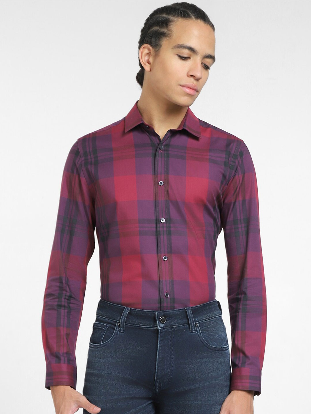 

Jack & Jones Spread Collar Slim Fit Tartan Checked Cotton Casual Shirt, Red