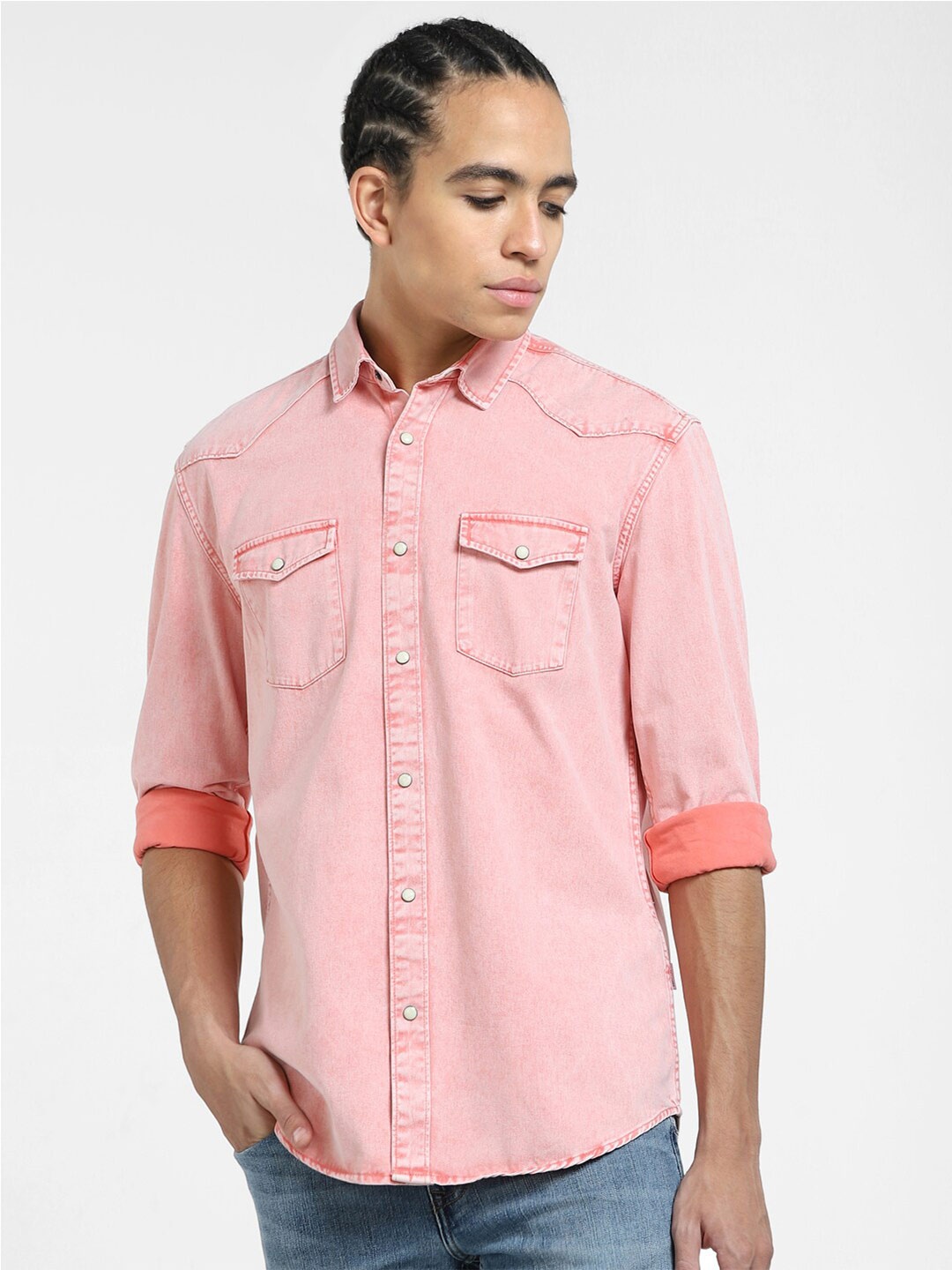 

Jack & Jones Spread Collar Cotton Casual Shirt, Pink