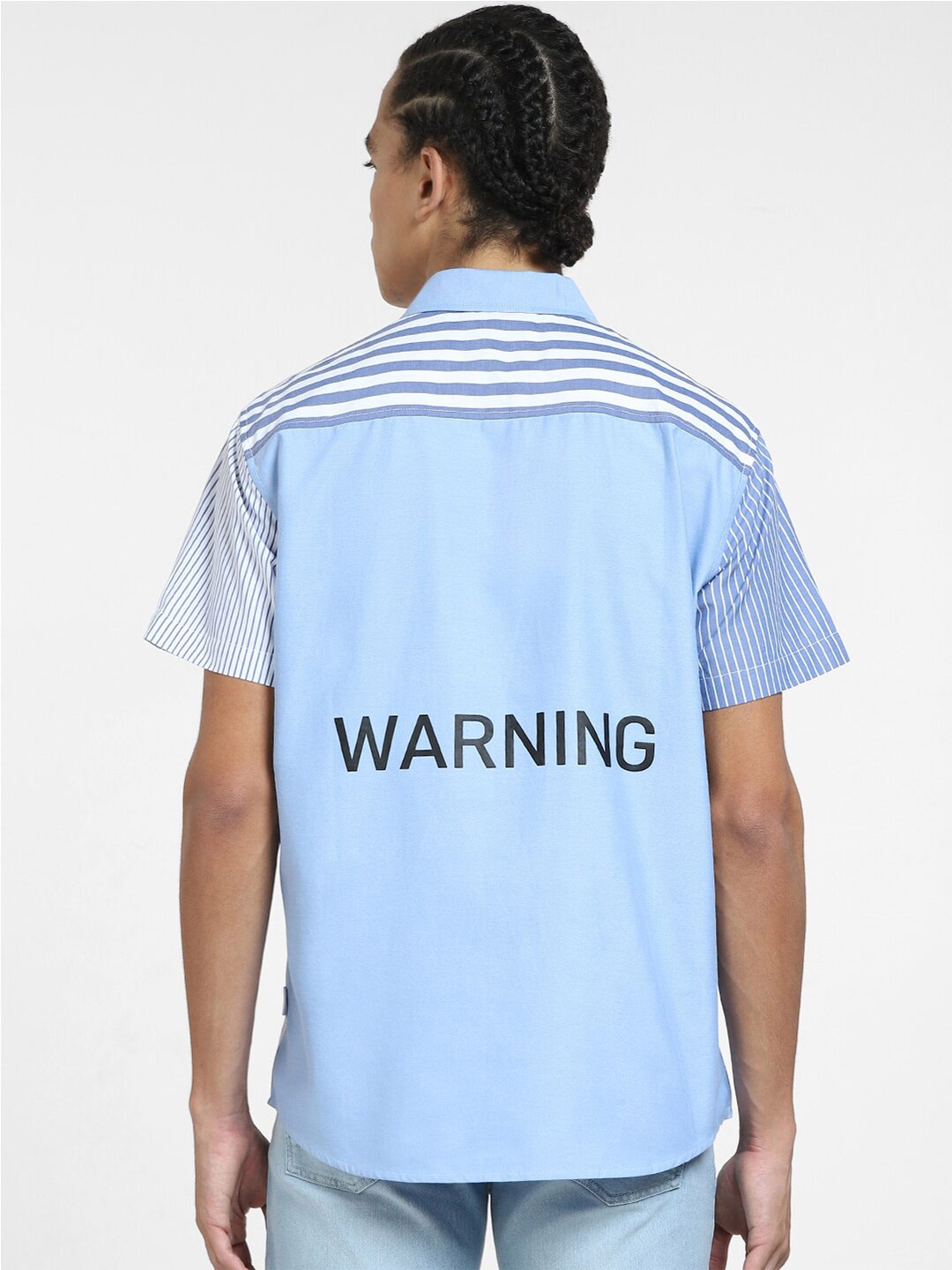 

Jack & Jones Spread Collar Striped Printed Cotton Casual Shirt, Blue