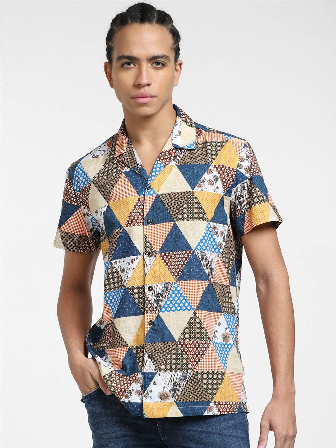 

Jack & Jones Spread Collar Ethnic Motifs Printed Cotton Casual Shirt, Beige
