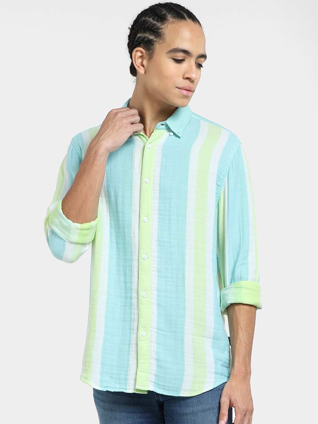 

Jack & Jones Spread Collar Striped Cotton Casual Shirt, Blue