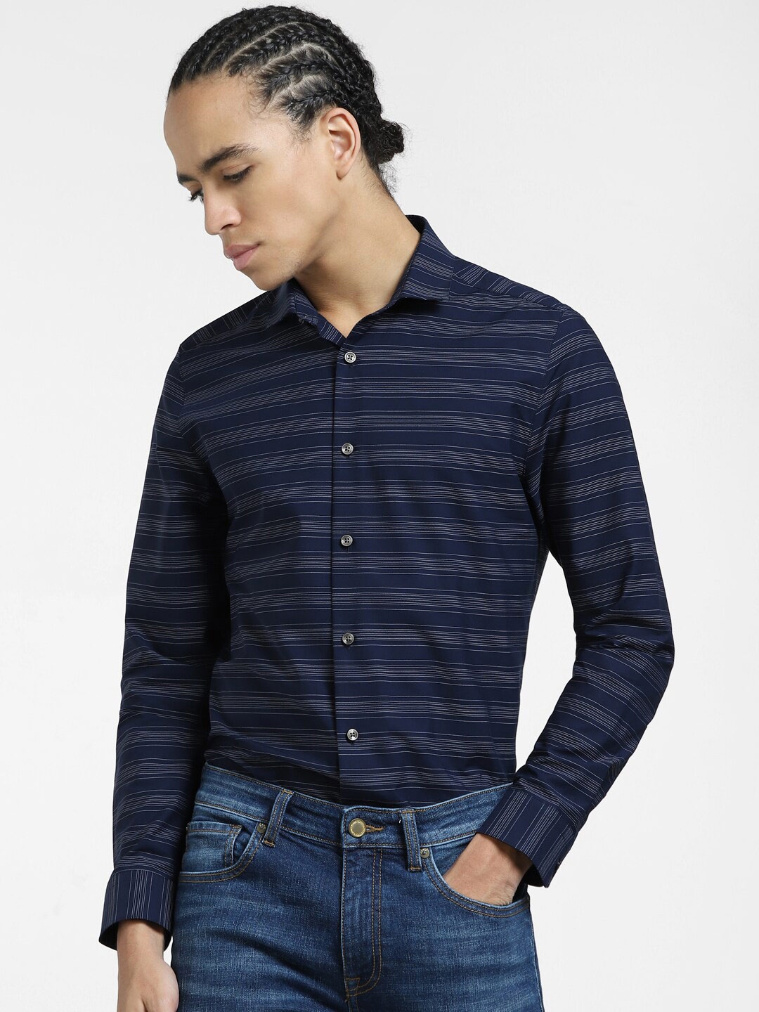 

Jack & Jones Slim Fit Horizontal Striped Casual Cotton Shirt, Navy blue