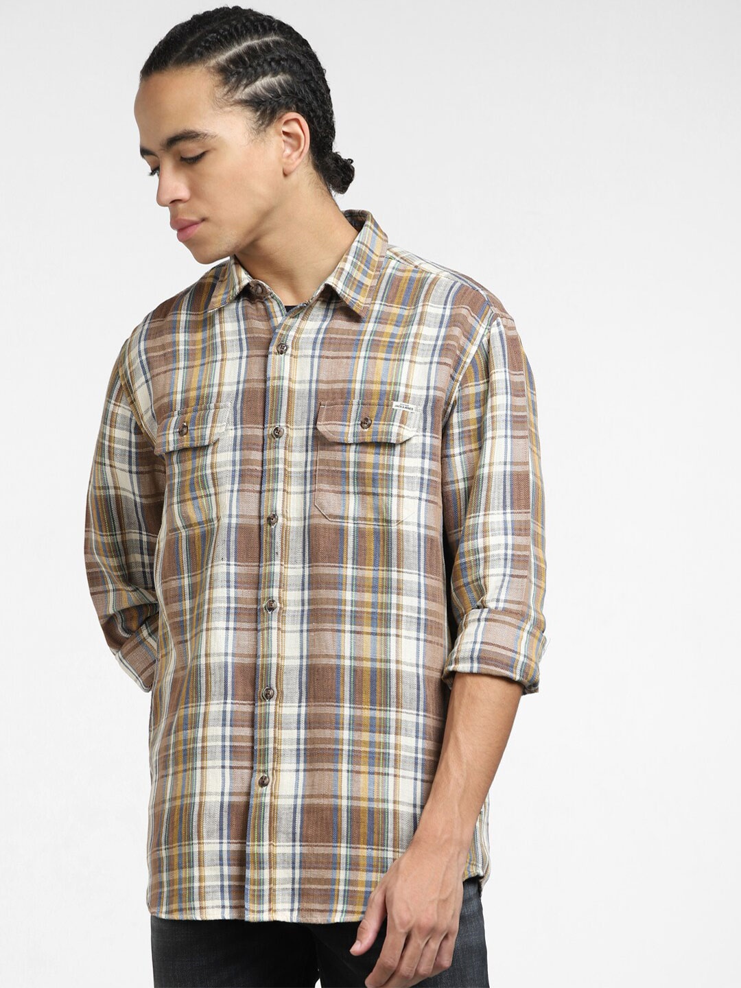 

Jack & Jones Tartan Checked Casual Cotton Shirt, Brown