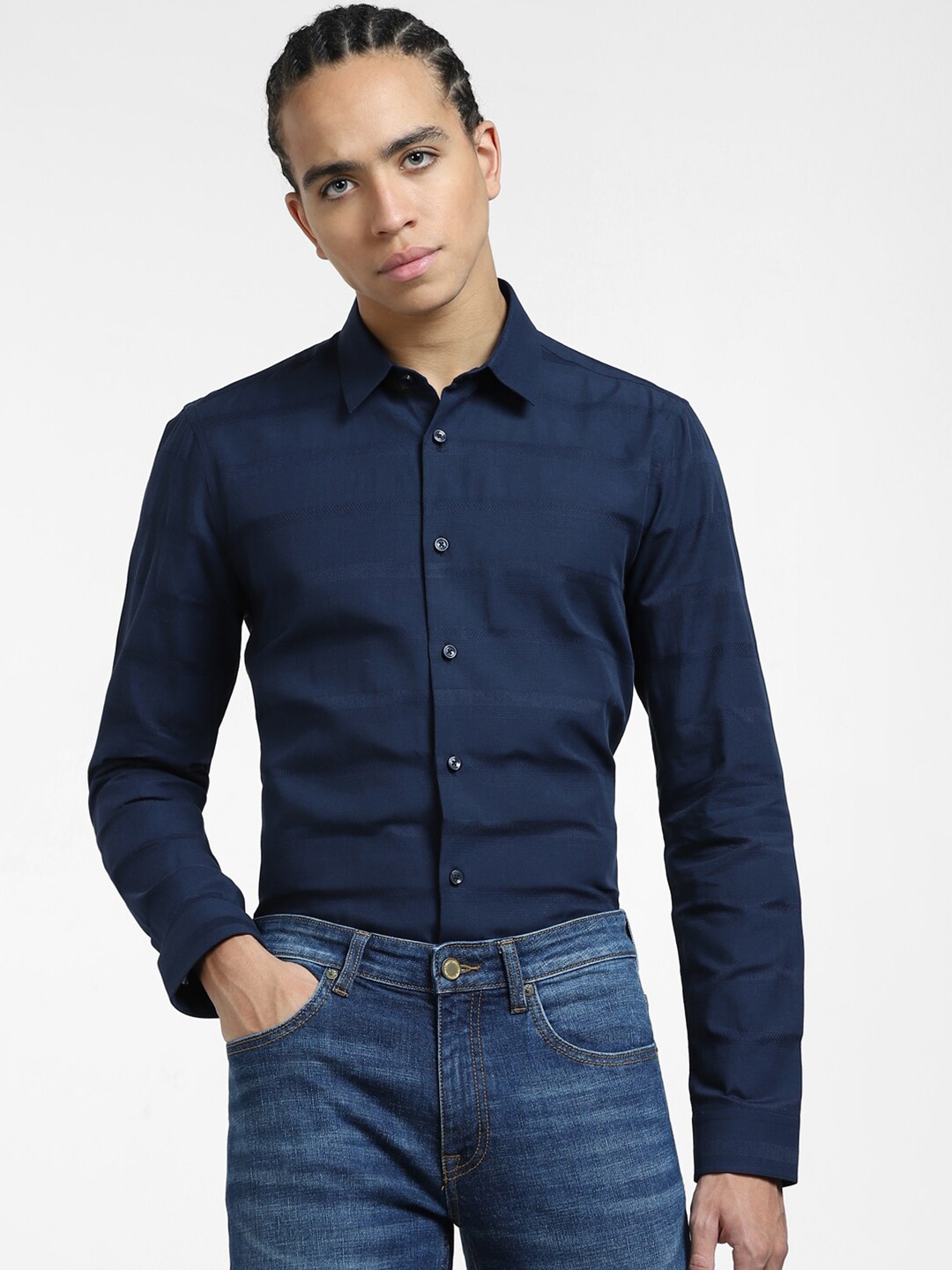 

Jack & Jones Slim Fit Horizontal Stripes Striped Cotton Casual Shirt, Navy blue