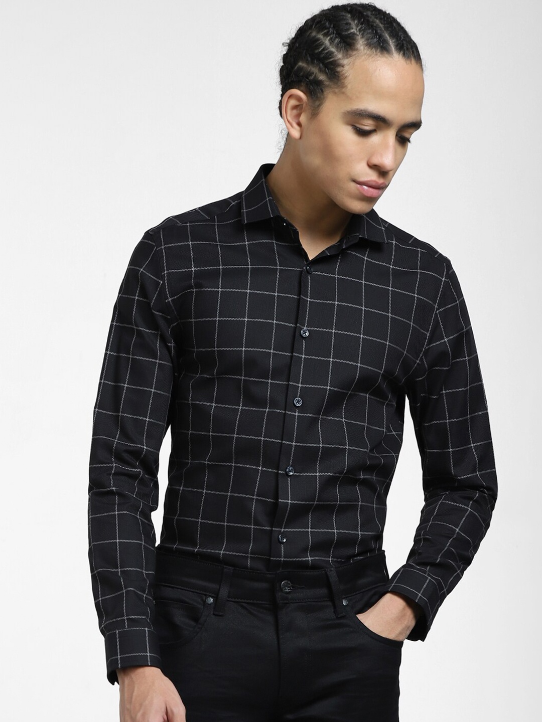 

Jack & Jones Slim Fit Windowpane Checks Checked Cotton Casual Shirt, Black