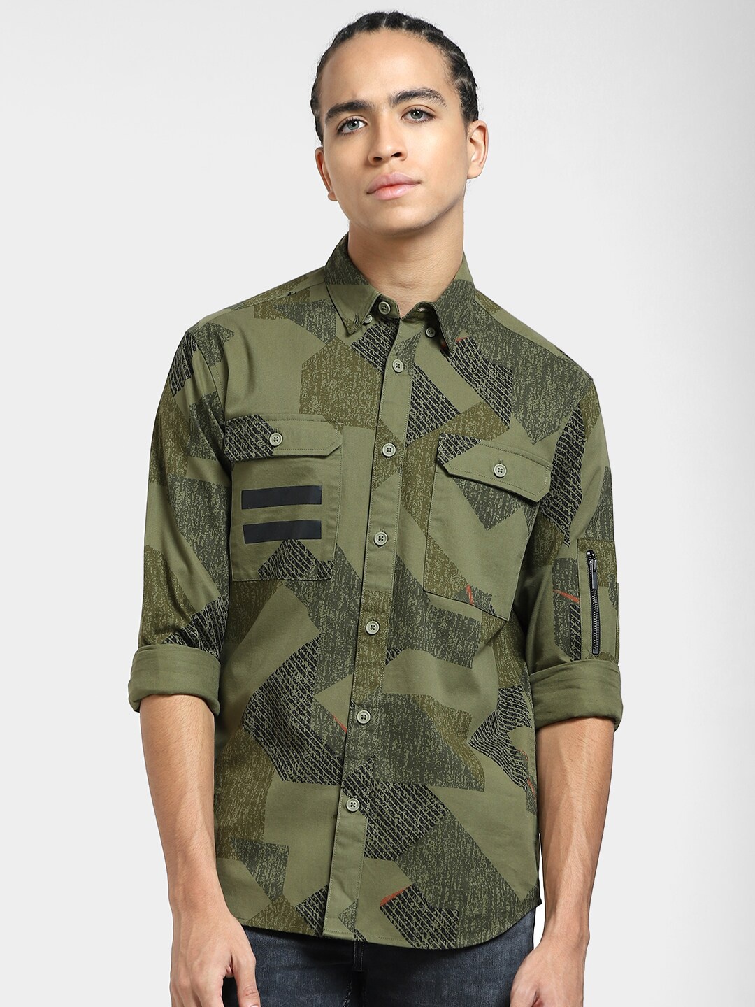 

Jack & Jones Spread Collar Printed Cotton Casual Shirt, Green