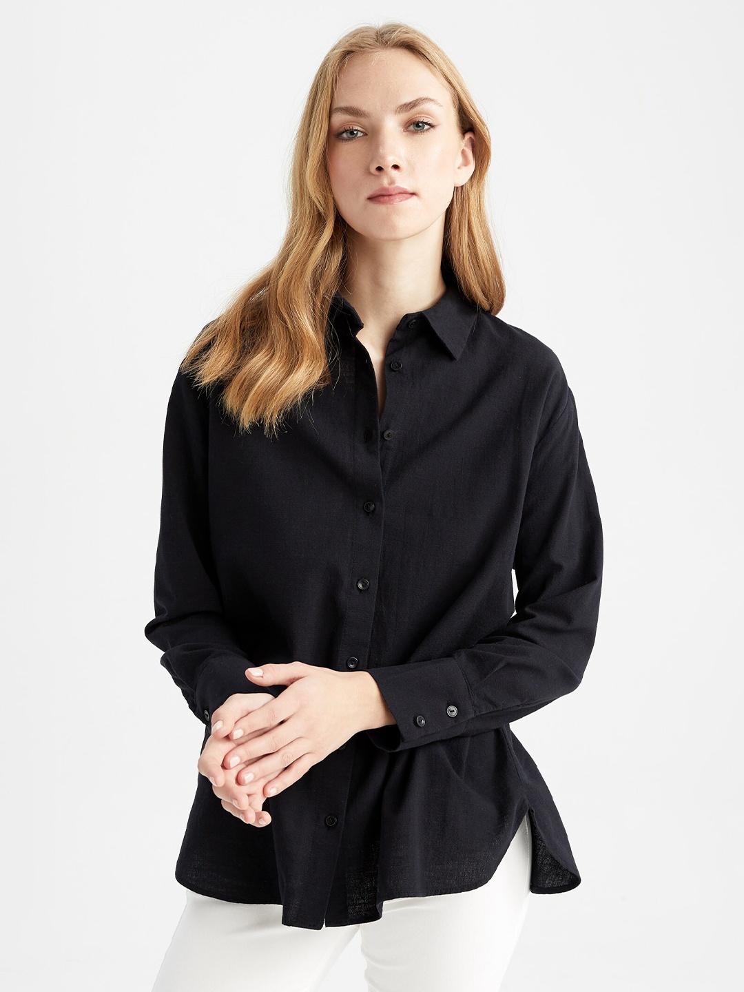 

DeFacto Women Casual Cotton Linen Shirt, Black