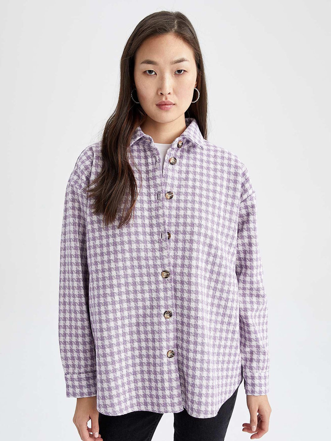 

DeFacto Checked Spread Collar Casual Shirt, Lavender