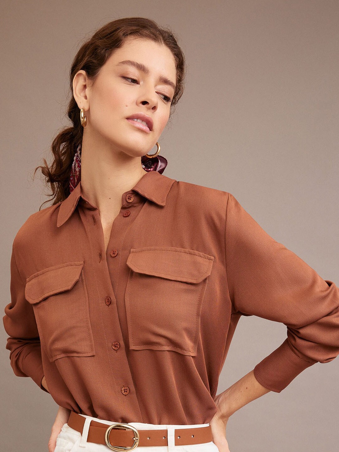 

DeFacto Spread Collar Casual Shirt, Brown