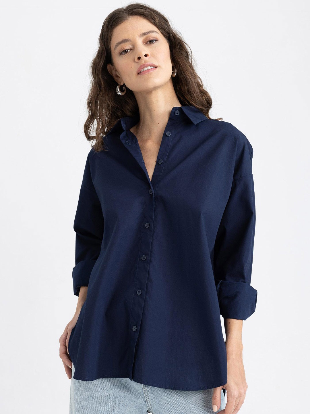 

DeFacto Spread Collar Casual Pure Cotton Shirt, Navy blue
