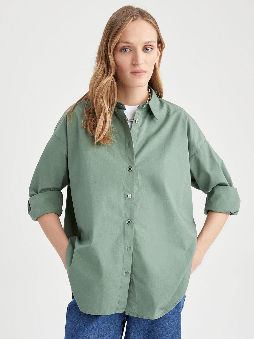 

DeFacto Spread Collar Pure Cotton Casual Shirt, Green