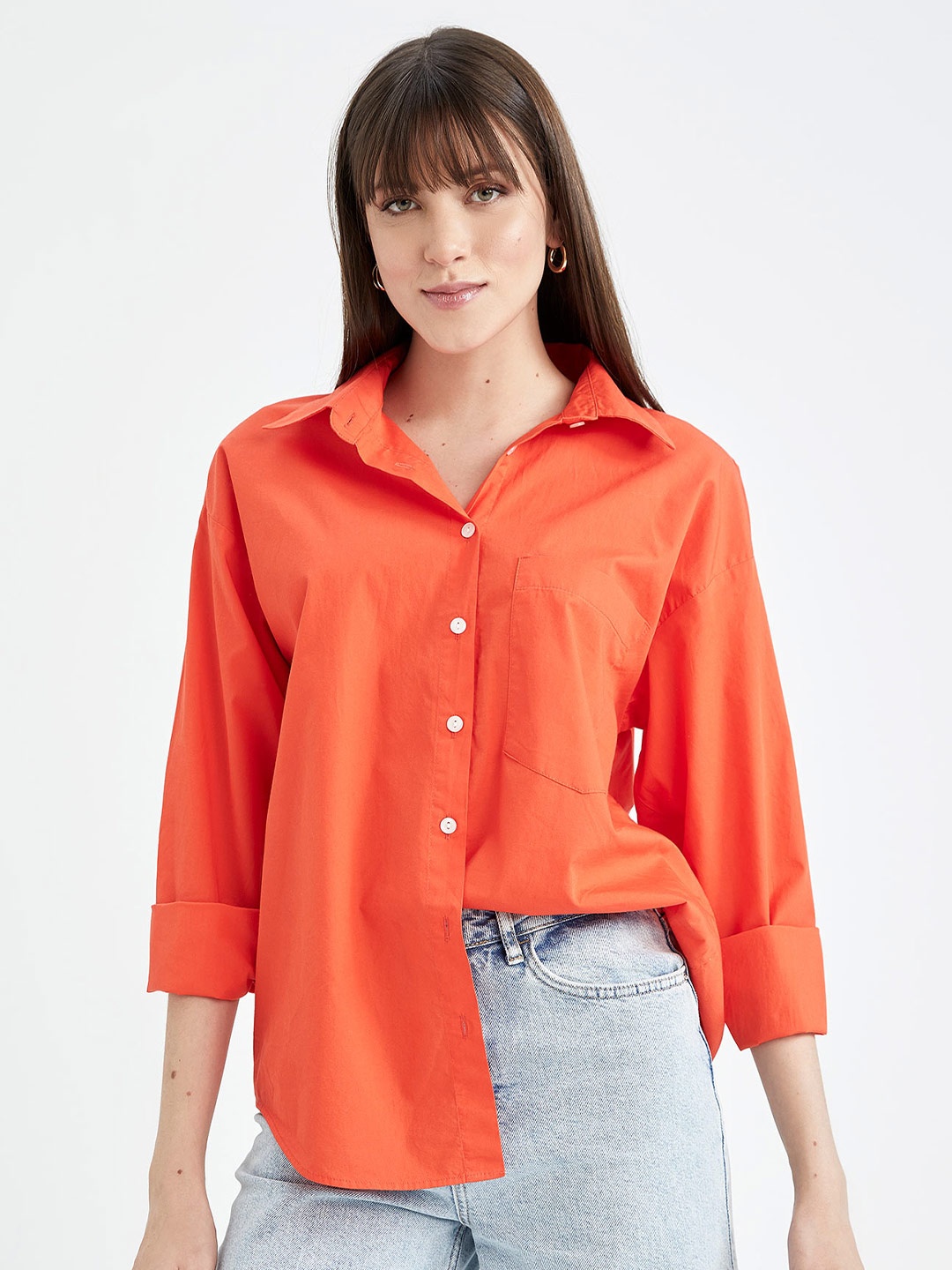 

DeFacto Spread Collar Pure Cotton Casual Shirt, Orange