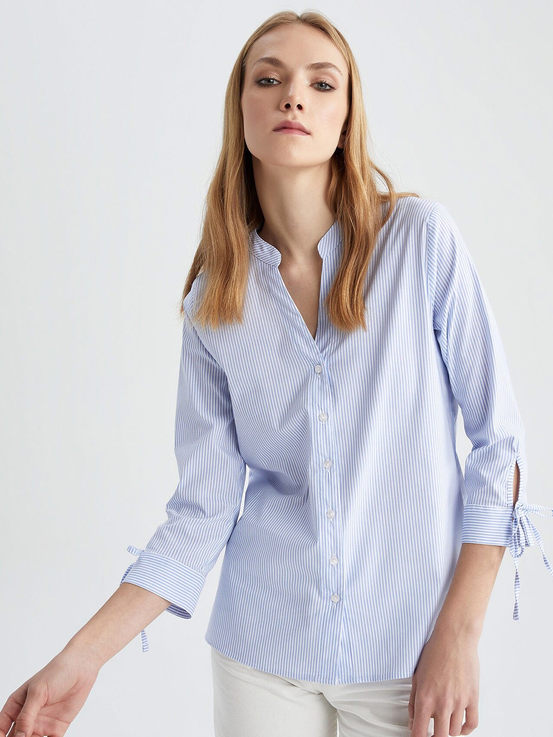 

DeFacto Striped Mandarin Collar Casual Shirt, Blue