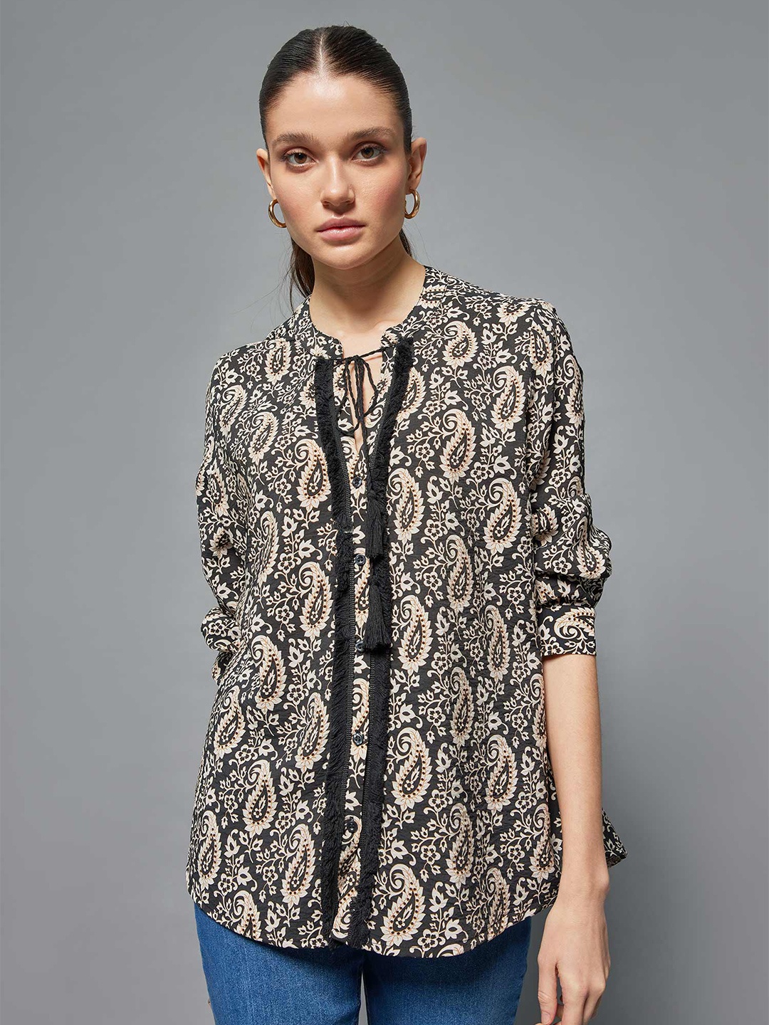 

DeFacto Paisley Printed Casual Shirt, Black