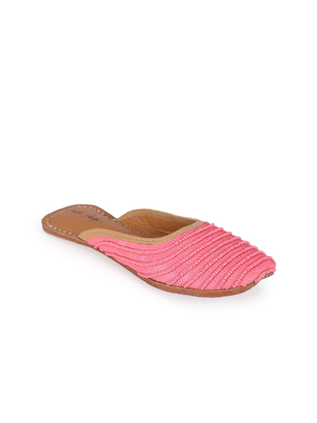 

5 ELEMENTS Women Embellished Round Toe Leather Ethnic Mojaris, Pink