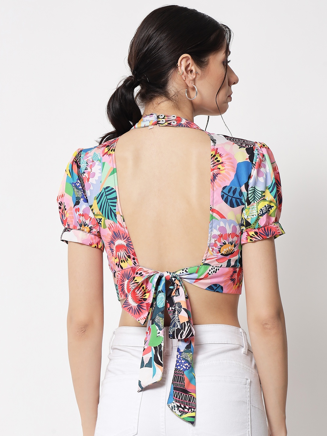

The Dry State Floral Printed Puff sleeve Crepe Styled Back Crop Top, Pink
