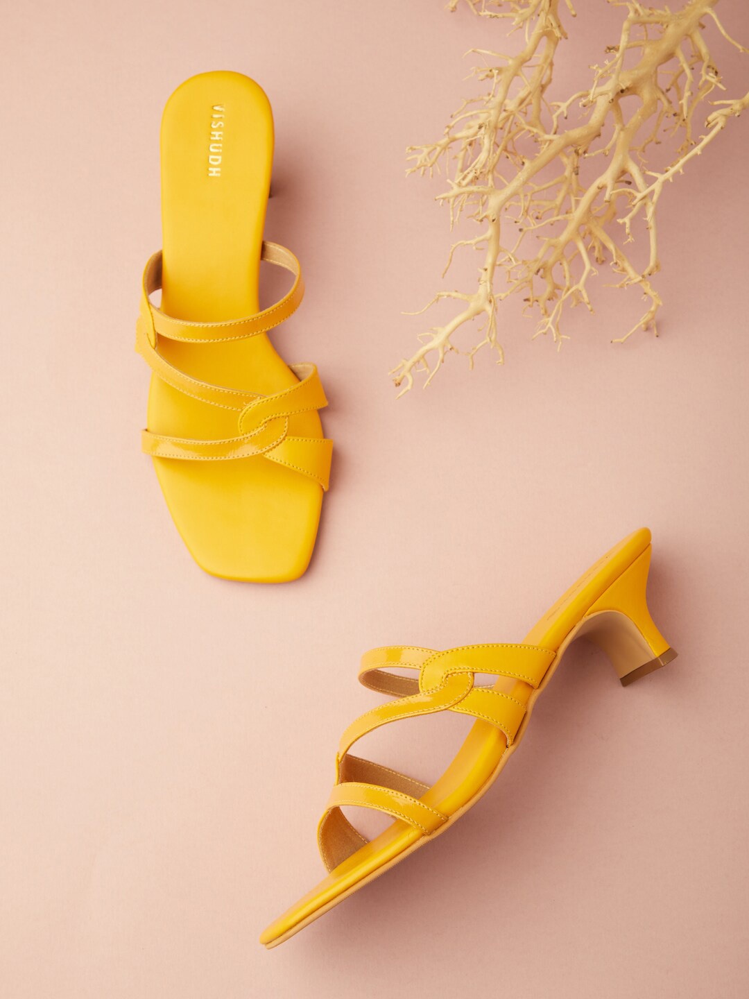 

Vishudh Square Toe Open Back Kitten Heels, Mustard