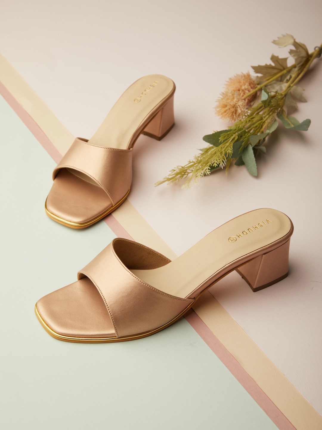

Vishudh Square Toe Open Back Open Back Block Heels, Rose gold