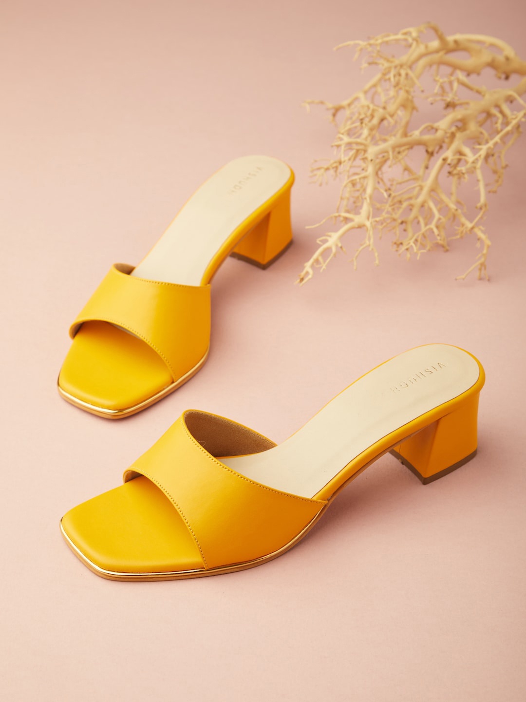 

Vishudh Open Toe Block Heels With Open Back, Mustard