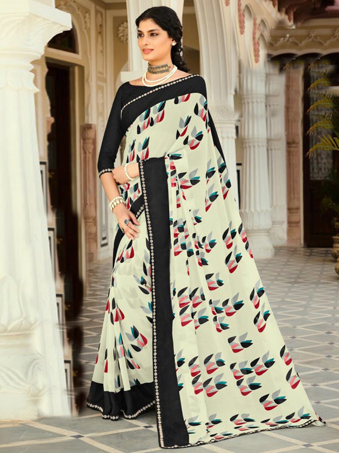 

Satrani Floral Printed Embellished Border Saree, Cream