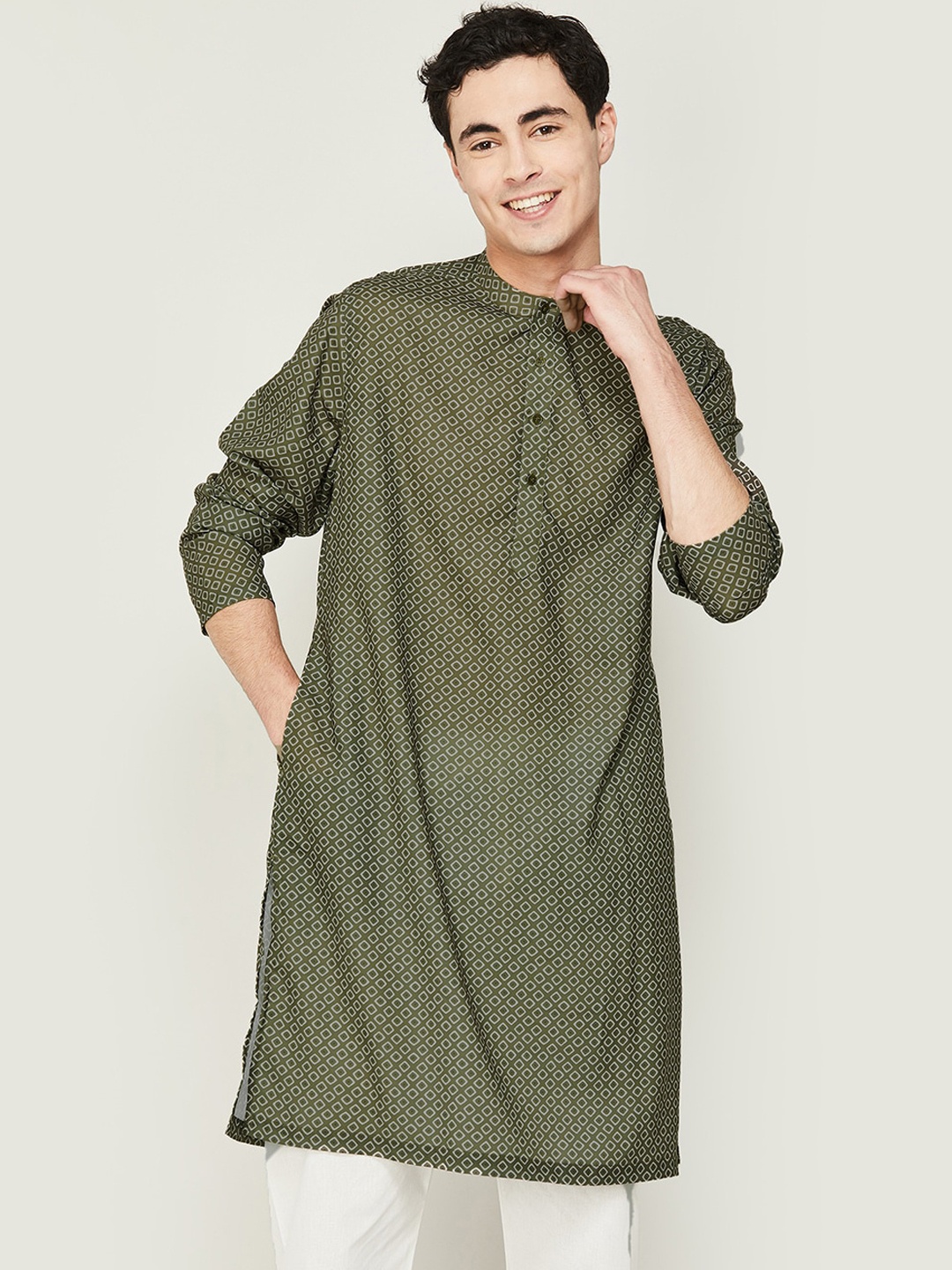 

Melange by Lifestyle Mandarin Collar Geometric Printed Cotton Kurta, Olive