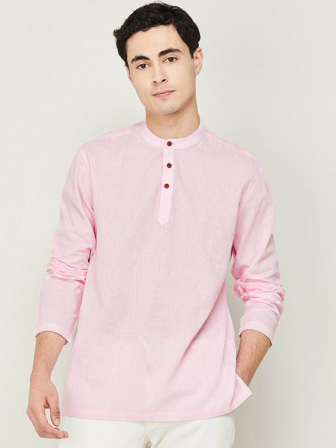 

Melange by Lifestyle Self Design Mandarin Collar Cotton Kurta, Pink