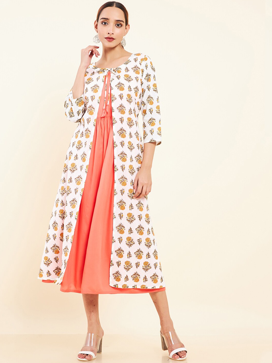 

Maybell Floral Printed Midi Ethnic Dress With Jacket, Peach