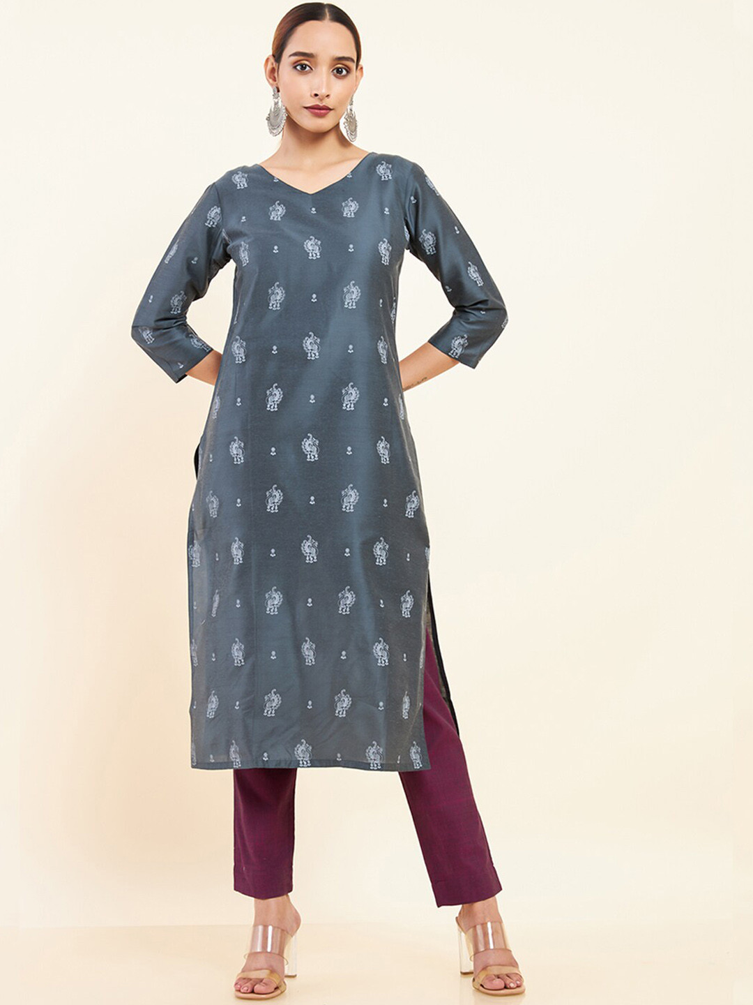 

Maybell Ethnic Motifs Printed Art Silk Kurta, Grey