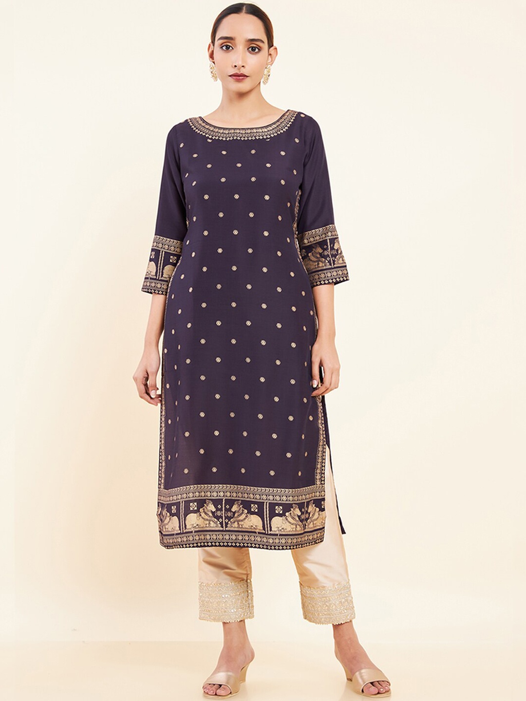 

Maybell Ethnic Motifs Printed Cotton Silk Kurta, Green