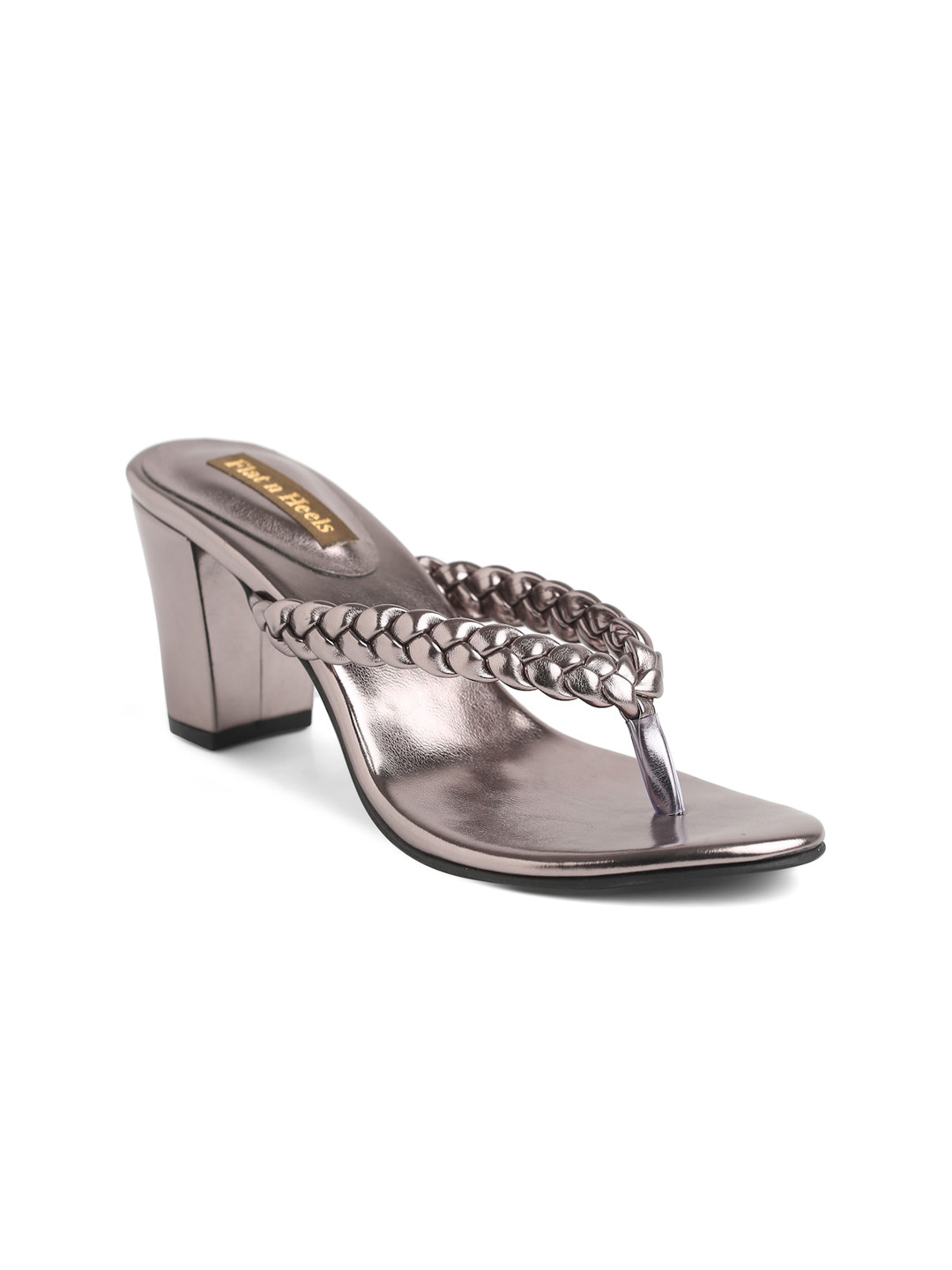 

Flat n Heels Textured Pointed Toe Open Back Block Heels, Grey