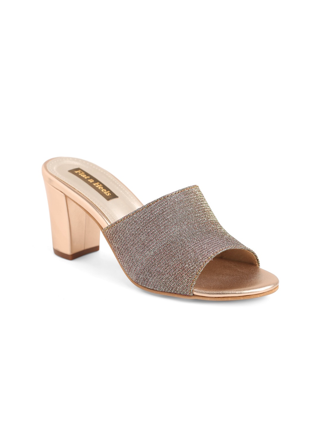 

Flat n Heels Textured Open Toe Block Heels With Open Back, Copper