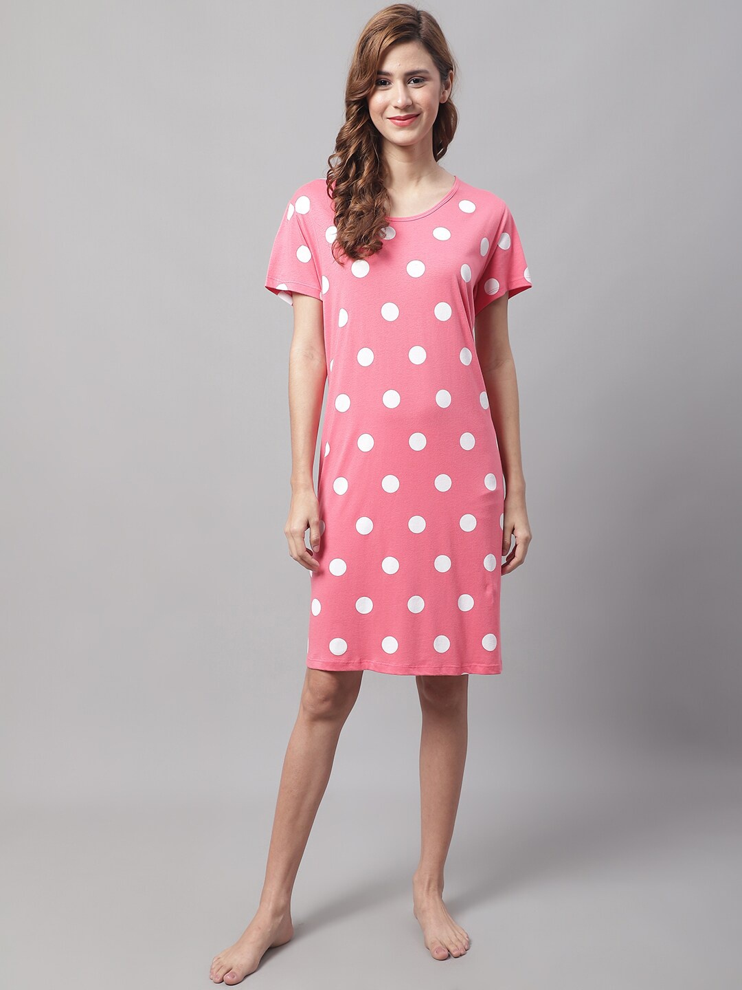

Kanvin Polka Dots Printed Nightdress, Pink