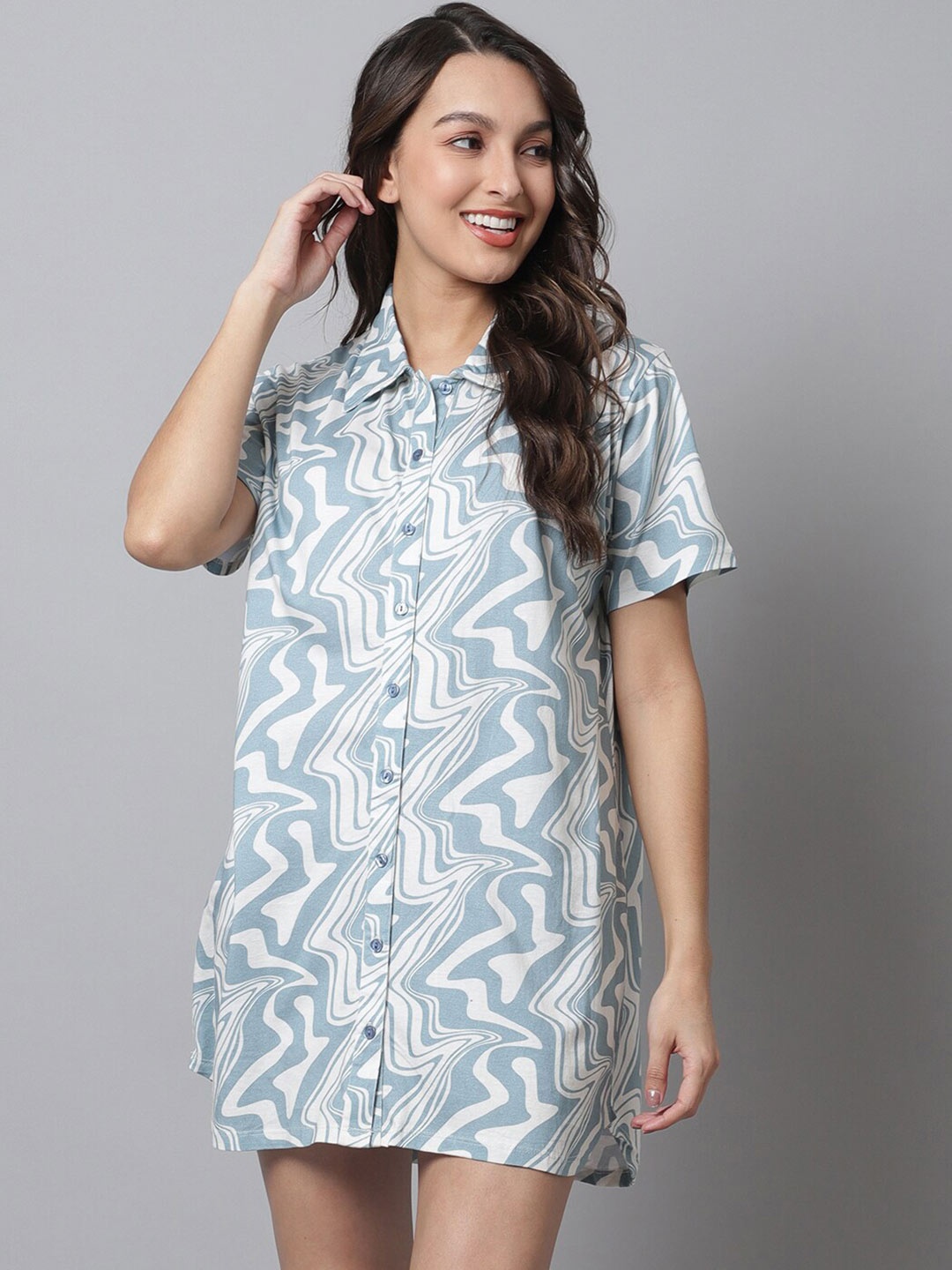 

Kanvin Abstract Printed Shirt Nightdress, Blue