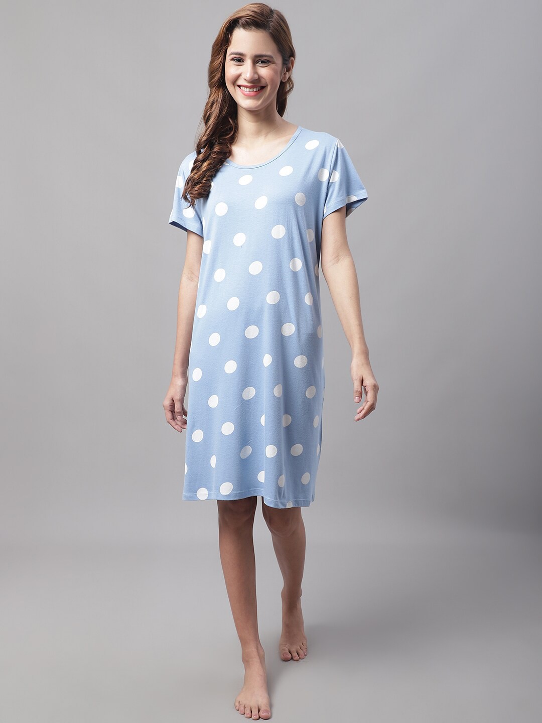 

Kanvin Polka Dots Printed Nightdress, Blue