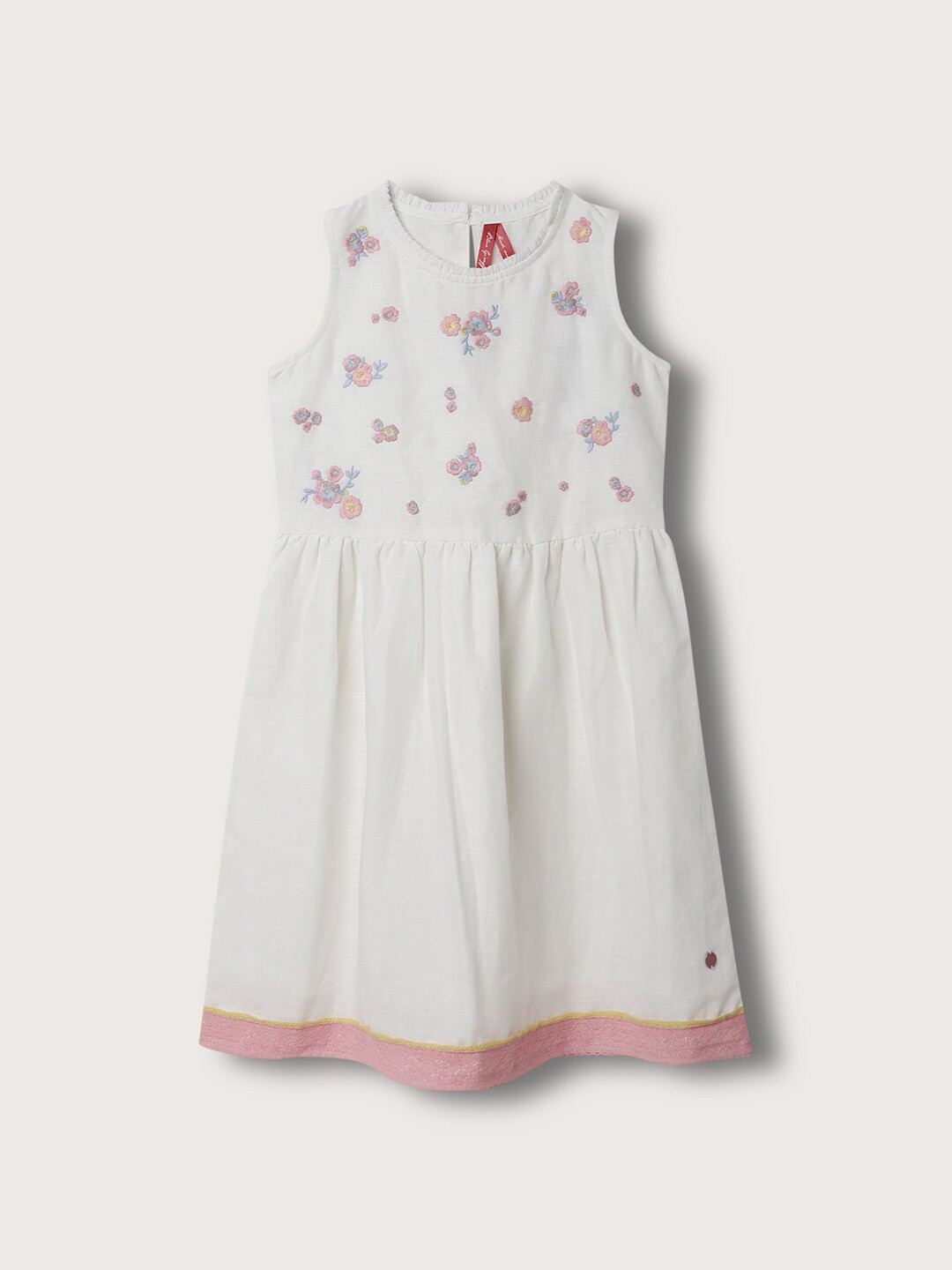 

Blue Giraffe Girls Floral Embroidered Linen A-Line Dress, White