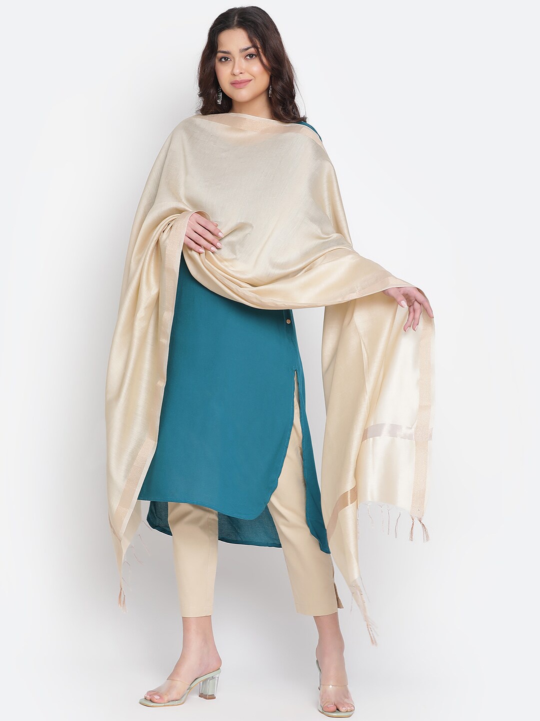 

SHINGORA Cotton Silk Dobby Dupatta with Zari, Beige