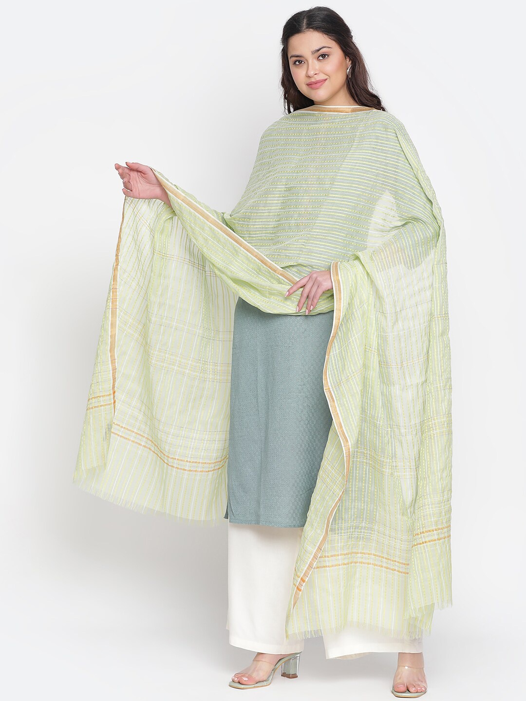 

SHINGORA Checked Dobby Woven Silk Tencel Dupatta with Zari, Green