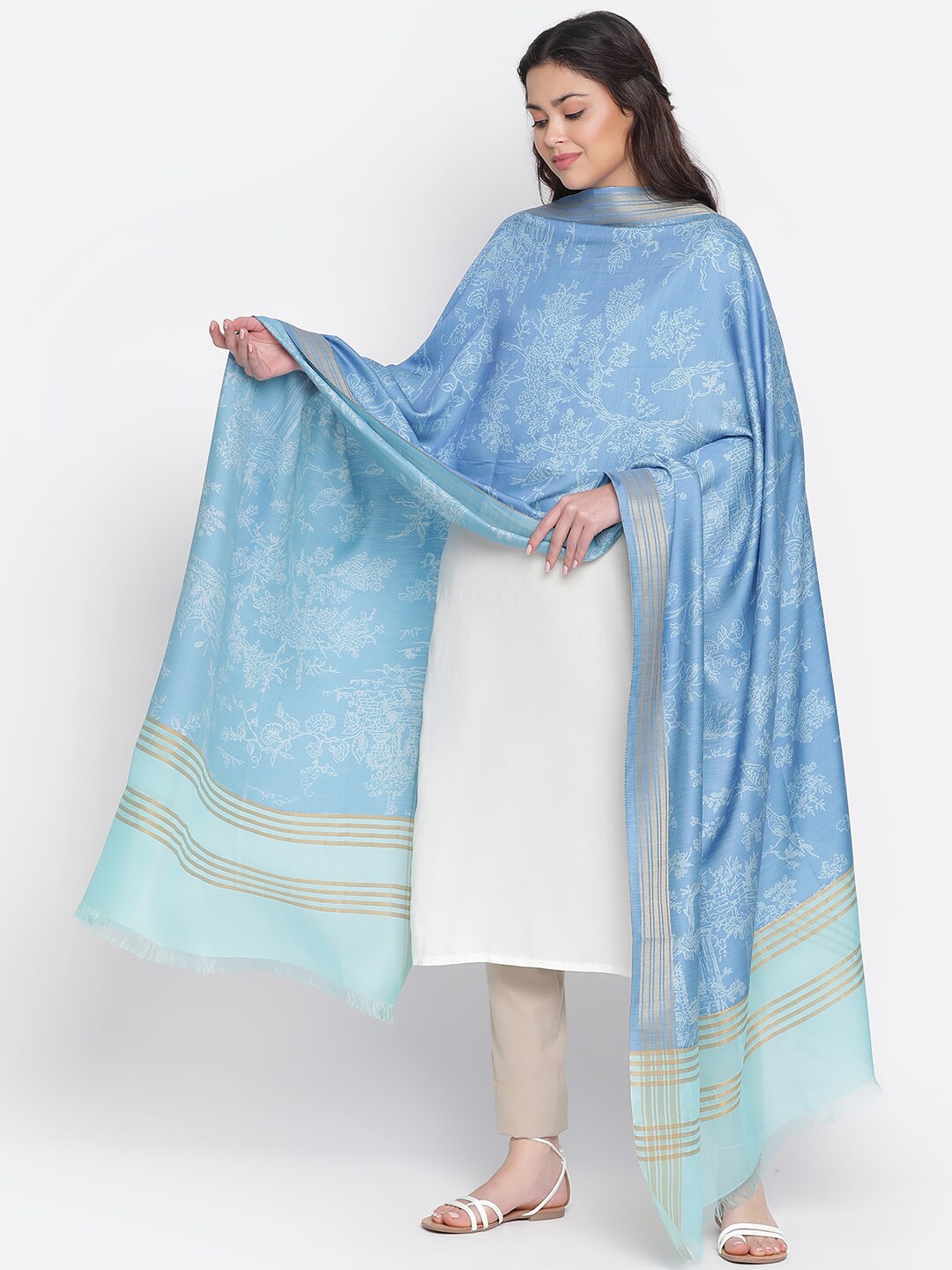

SHINGORA Printed Modal Silk Dupatta with Zari, Turquoise blue