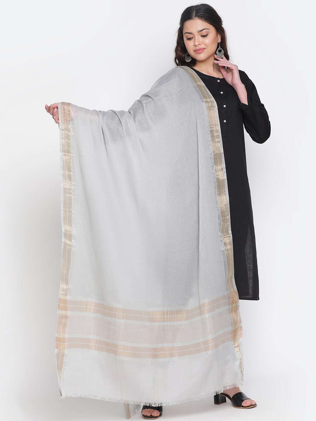 

SHINGORA Cotton Tencel Dupatta with Zari, Grey