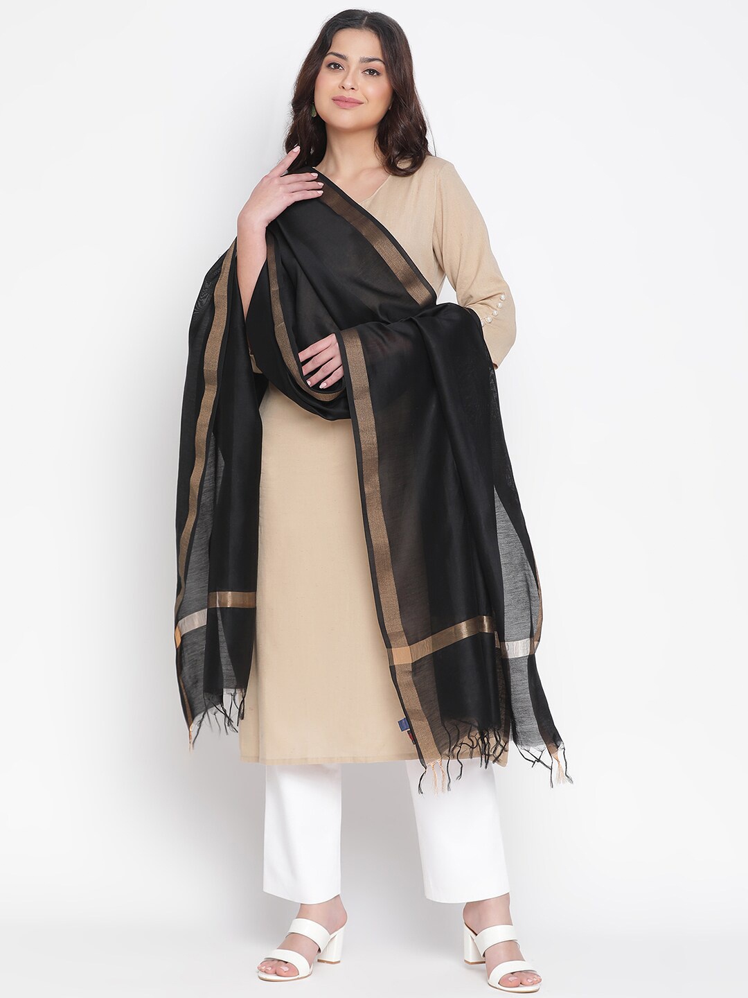 

SHINGORA Cotton Silk Dupatta with Zari, Black