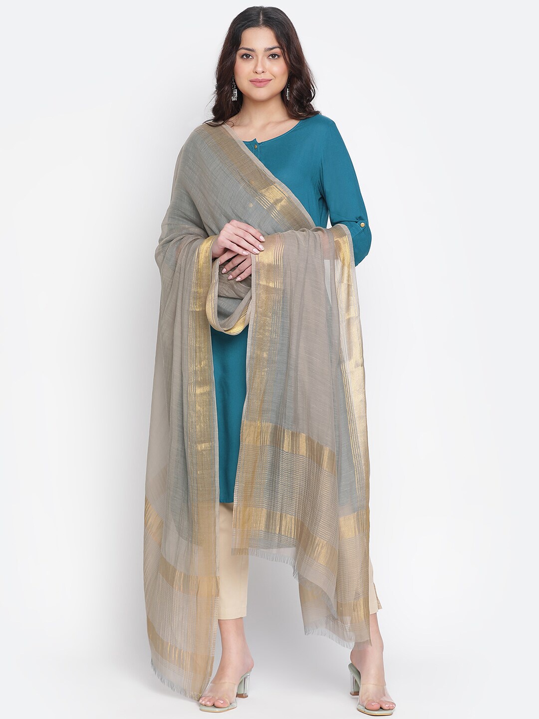 

SHINGORA Woven Dupatta with Zari, Grey