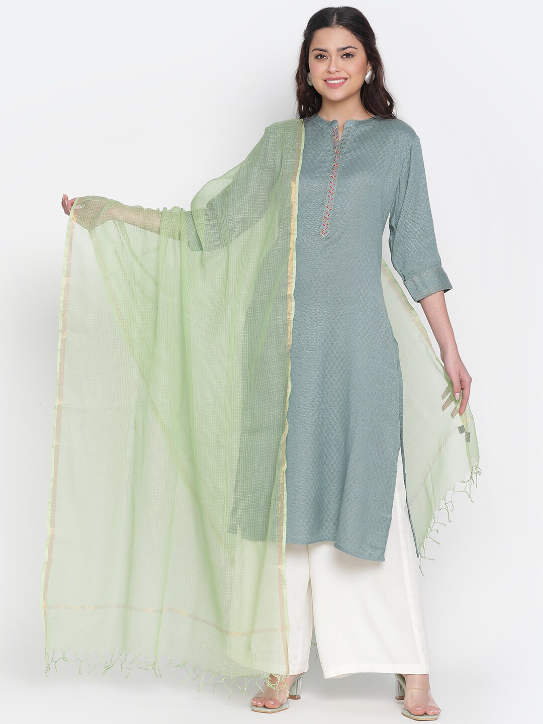 

SHINGORA Cotton Silk Blend Dupatta with Zari, Green