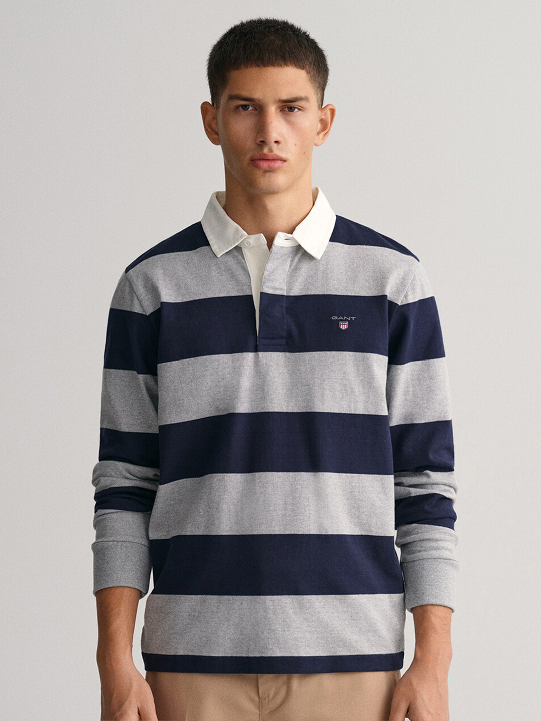

GANT Men Striped Polo Collar Long Sleeve Cotton T-shirt, Grey