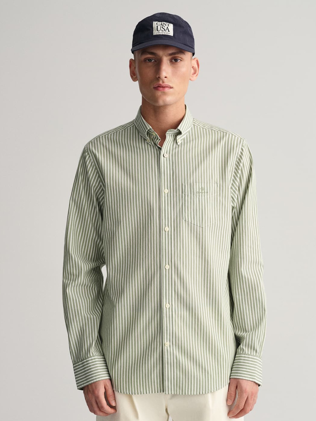 GANT Comfort Vertical Striped Formal Cotton Shirt, Olive