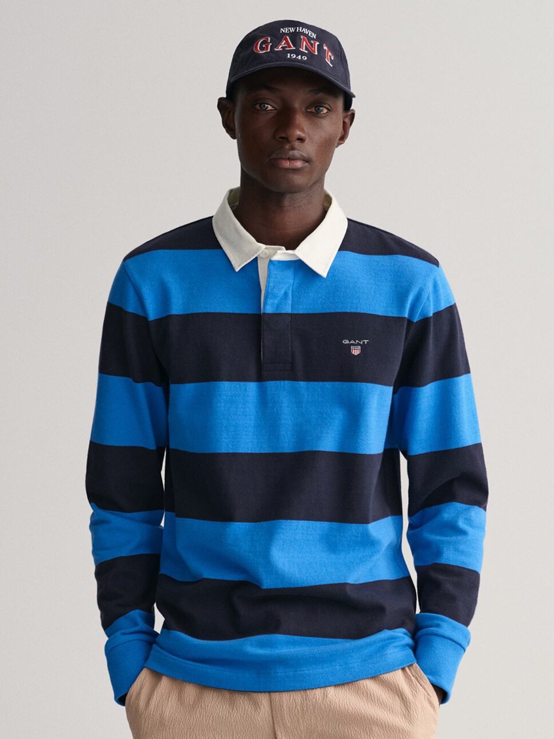 

GANT Men Striped Polo Collar Long Sleeve Cotton T-shirt, Blue