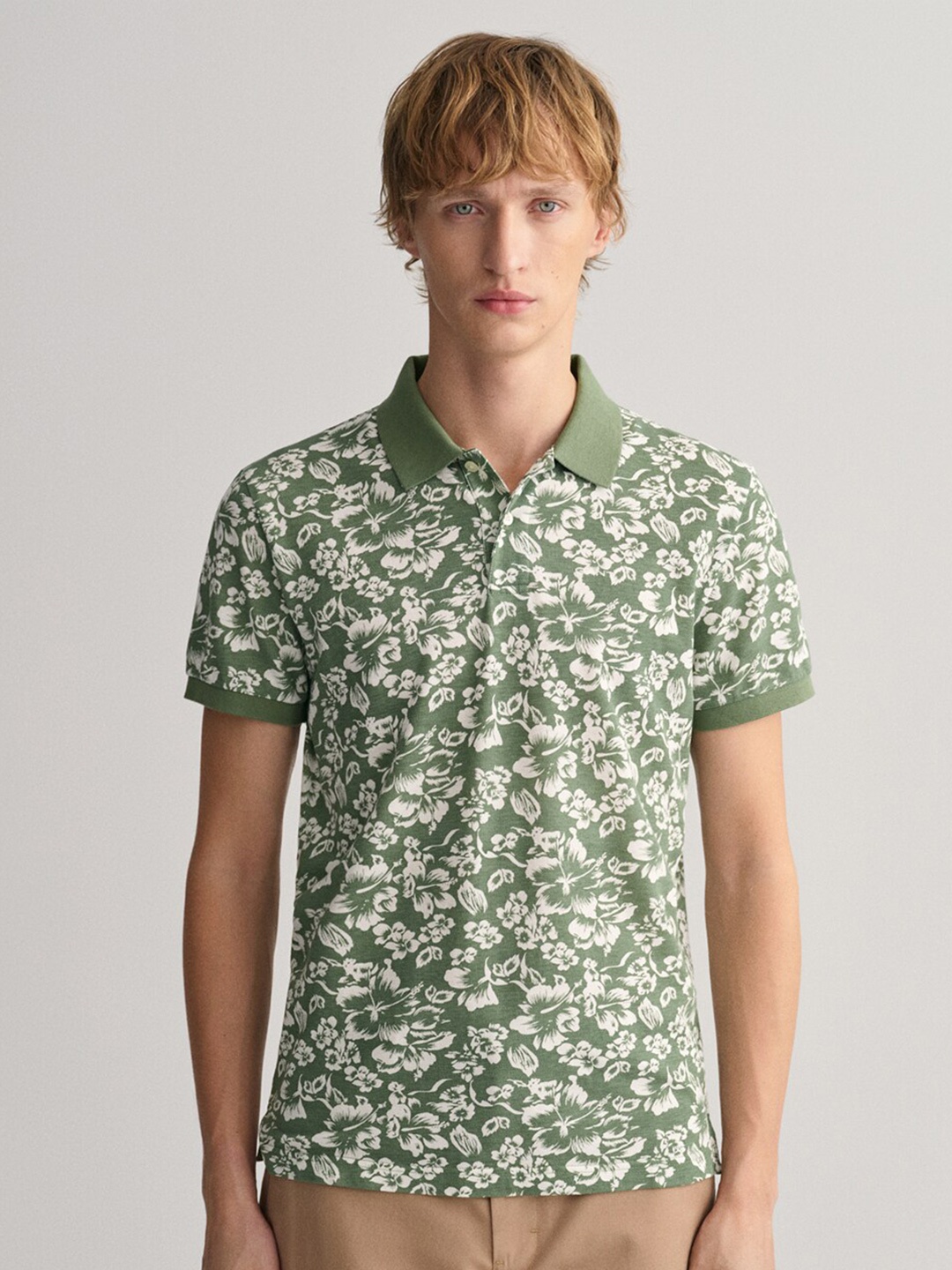 

GANT Men Floral Printed Polo Collar Cotton T-shirt, Green