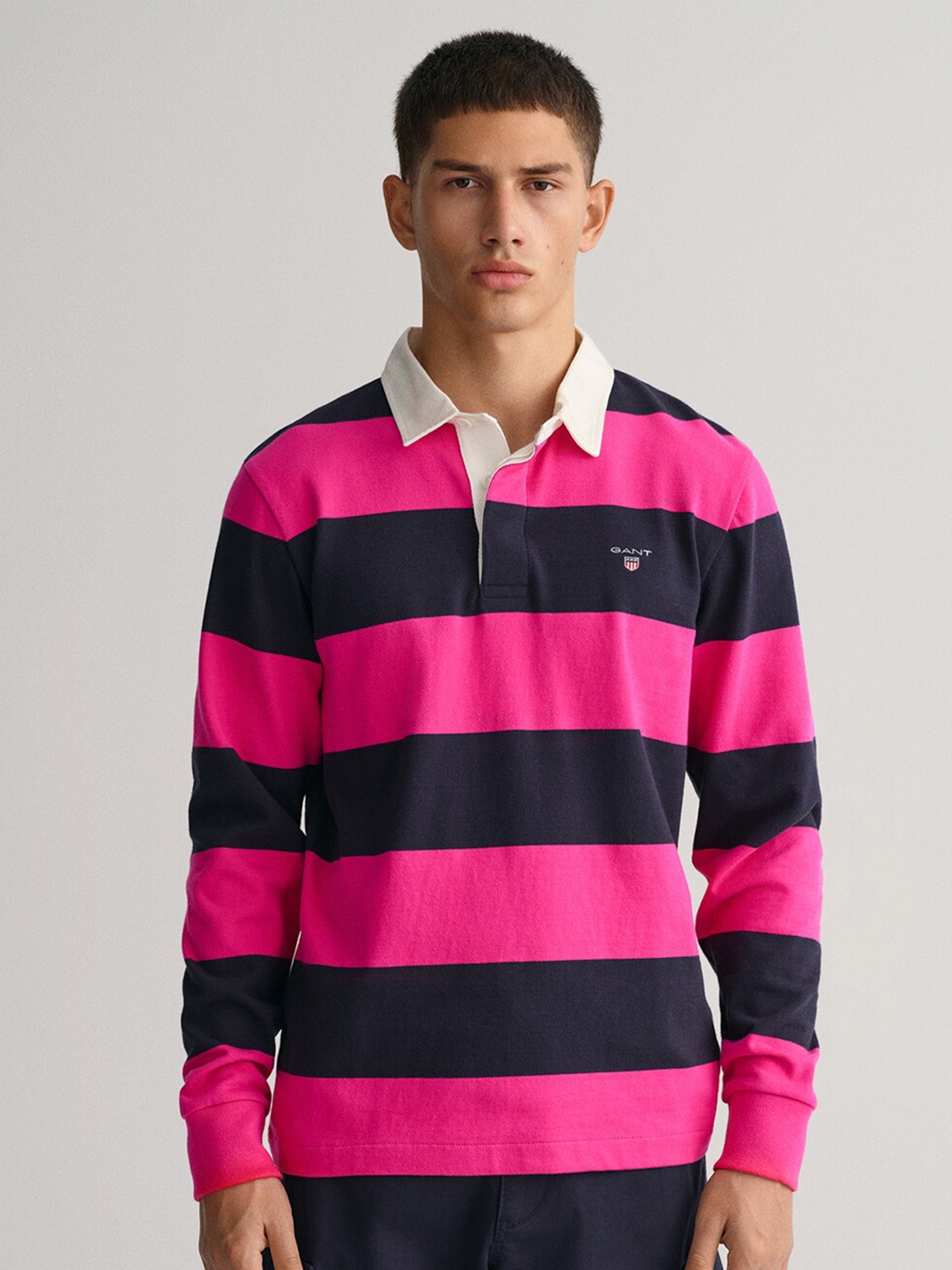 

GANT Men Striped Polo Collar Cotton T-shirt, Pink